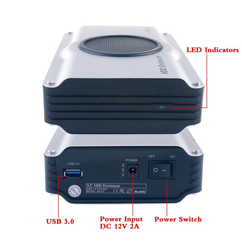 Boîtier de boîtier de disque dur en aluminium USB 3.0 à 3.5 pouces SATA I/ II/ III avec ventilateur de refroidissement (prise maximale de 8 To)