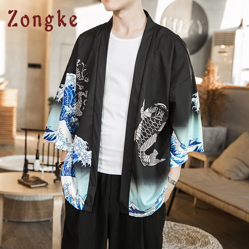 Zongke Golven Zwart Kimono Mannen Japanse Kimono Vest Harajuku Kimono Shirt Mannen Streetwear Hawaiian Shirt Mannen 5XL