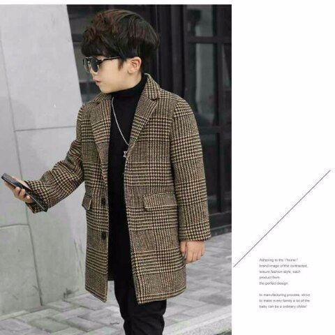 Autumn Winter Boys Jacket Wool Coat Kids Lattice Coats Windbreaker Children Clothes Teen Boys Trench Coat G114
