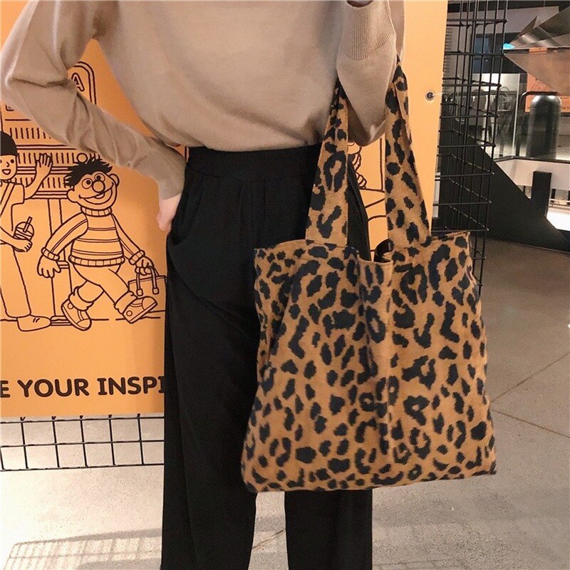 Kvinner skulder lerret shopper bag leopard print koreansk shopping bag casual kvinnelig veske bomull stoff tote poser for kvinner