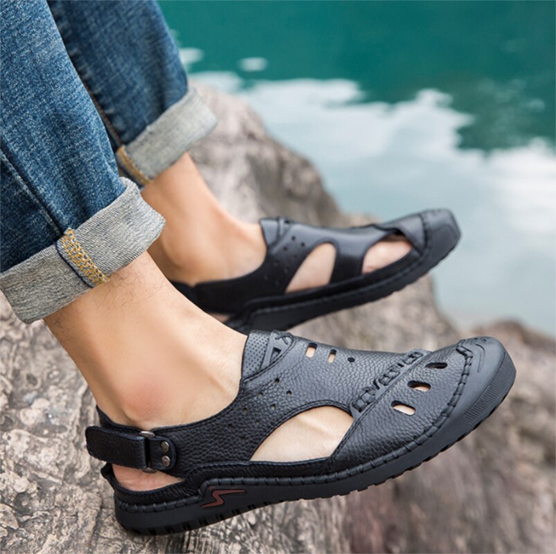 Wotte mænd sandaler split læder mænd sandaler sommer mænd kausal sko strand romerske sandalier mand udendørs sandaler sandalier