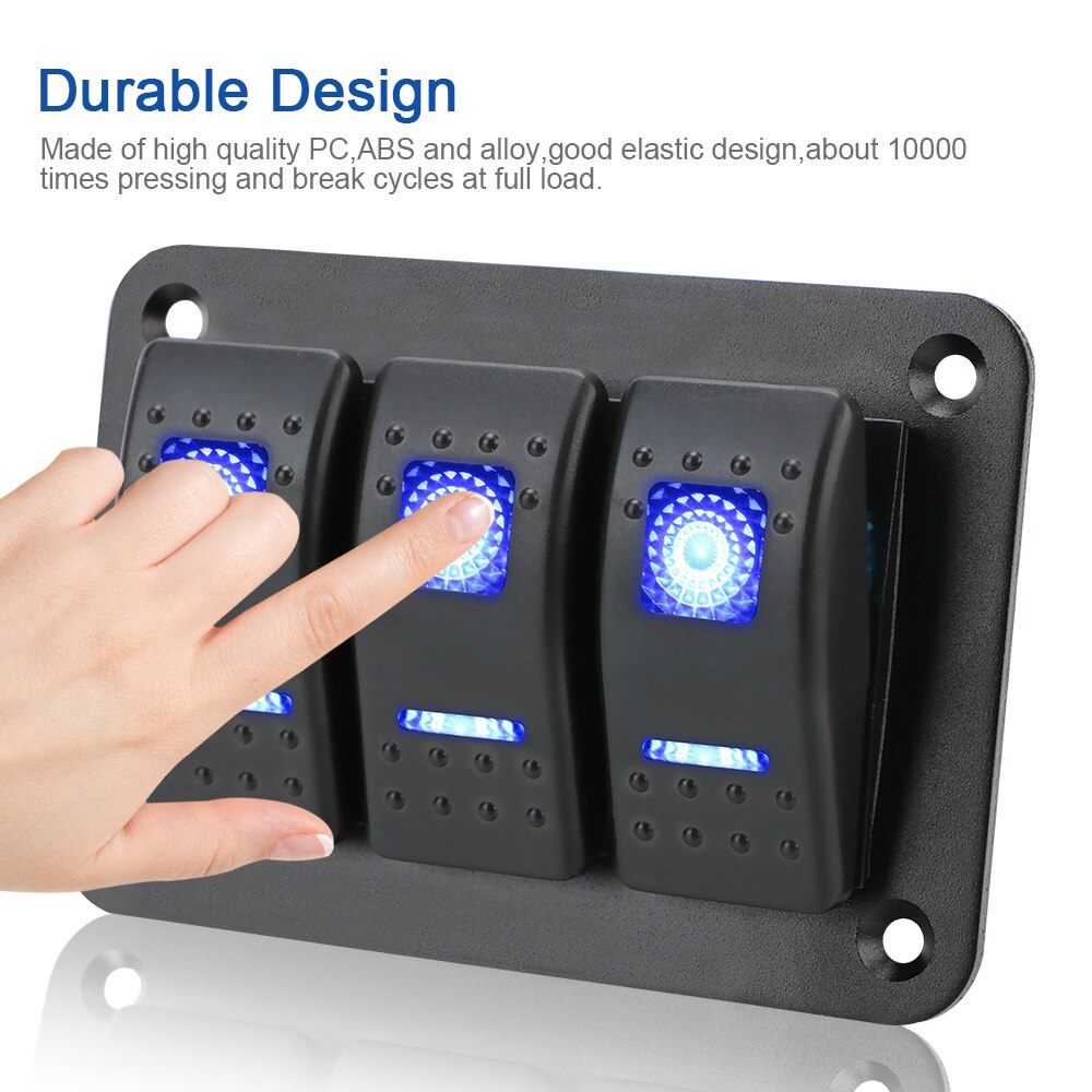 DC 12V/24V Overload Protection 3 Gang Rocker Switch Panel ON/OFF Lights Car Truck Marine Ship Circuit Breaker With Icon Sticker