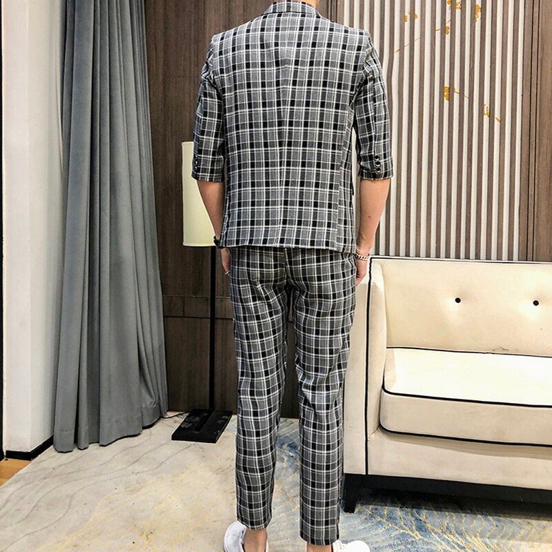 Men's Half Sleeve Blazer Suit Two Piece Set Jacket Pants British Style Slim Fit Plaid Business Dress Coat Trousers
