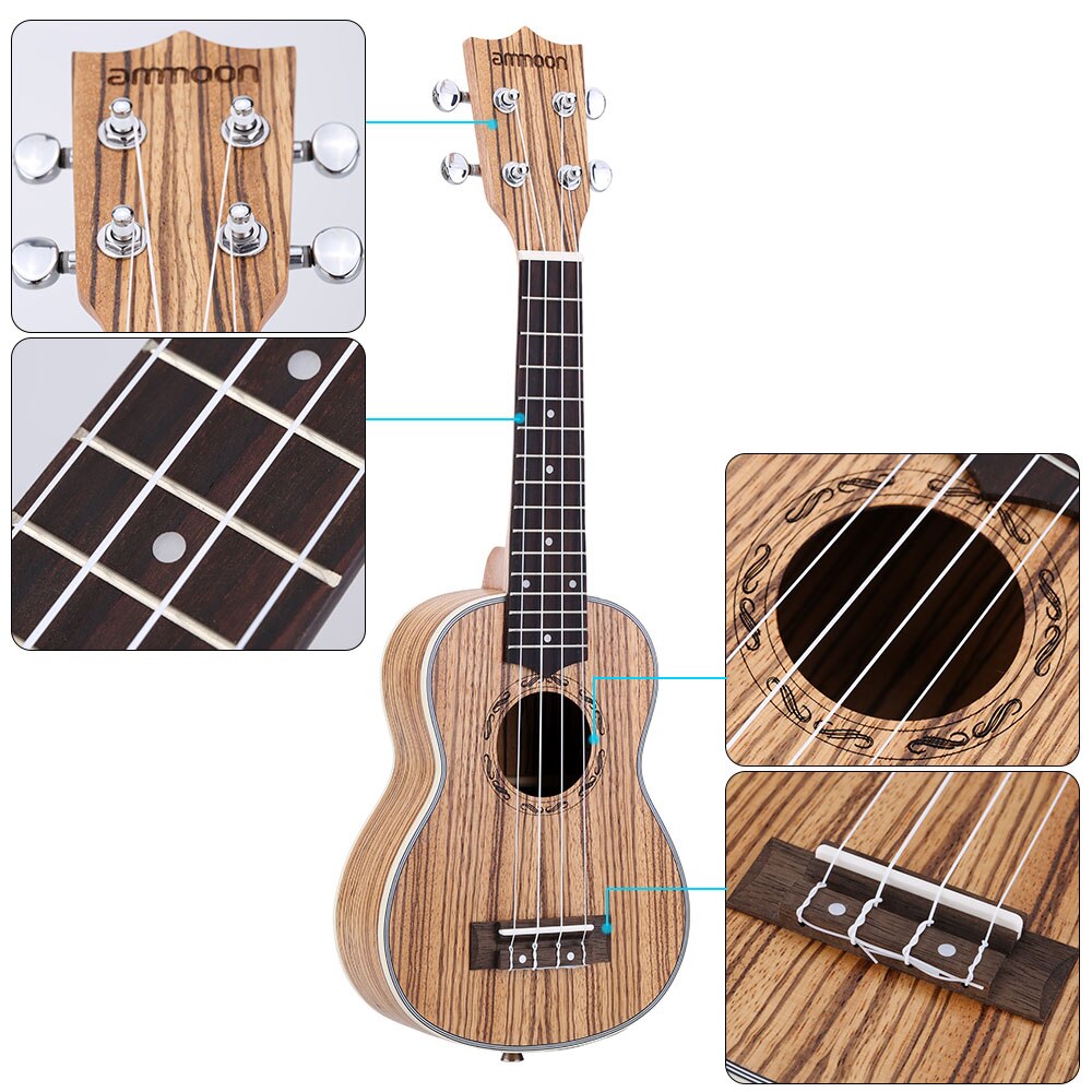 Ammoon-ukelele acústico zebrawowood, instrumento Musical de cuerda de 21 pulgadas, 15 trastes, 4 cuerdas