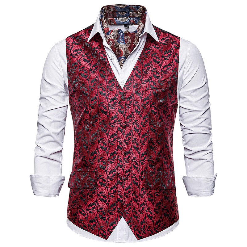 Jacquard kukkaprintti musta miesten liivi hääjuhla tanssiaiset miesten puku liivit rento slim fit miesten mekko liivi miesten liivi liivi: Viininpunainen / Aasialainen s