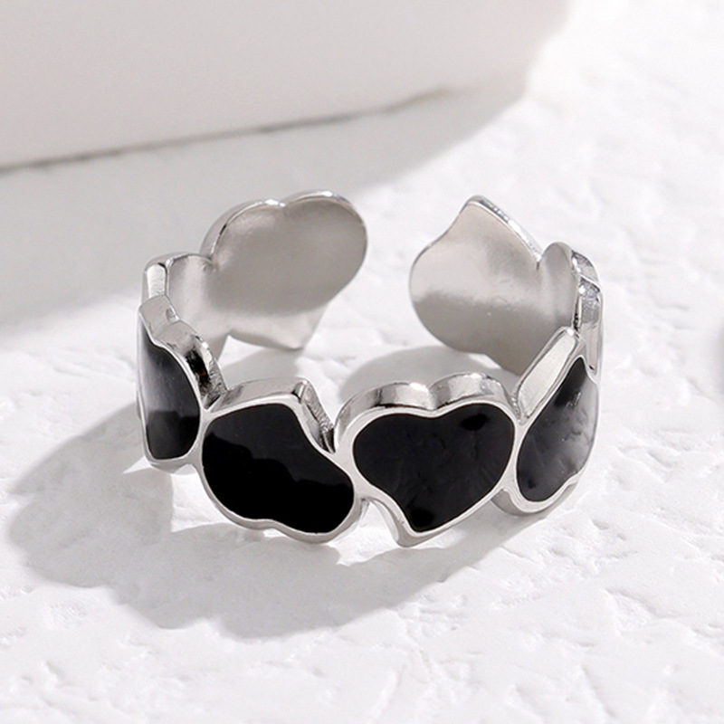 Anillos de corazón blanco y negro de acero inoxidable para mujer, anillos abiertos con goteo de aceite de Color dorado, joyería de boda, , bisutería para mujer