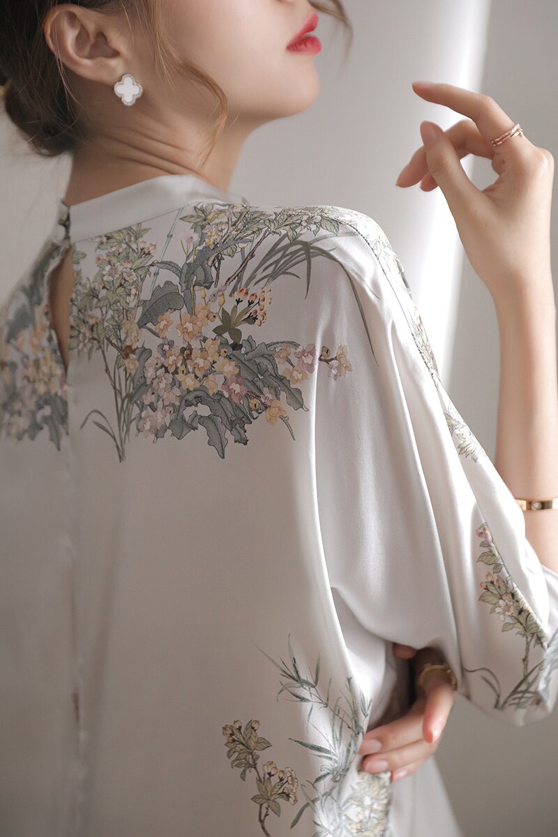 2022 chinesische stil cheongsam bluse die Seide Satin- qipao oben Seetang-anzug oben stehkragen elegante traditionelle hanfu bluse
