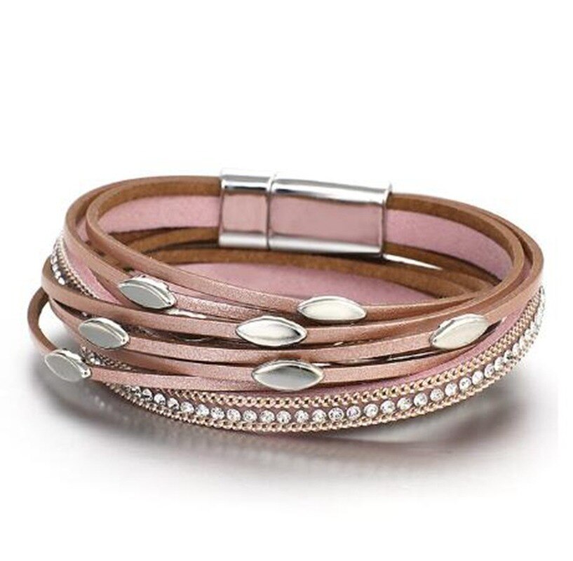 Multilayer Leather Leaf Bracelet Shiny Rhinestone Inlaid Women Charm Prom Jewelry