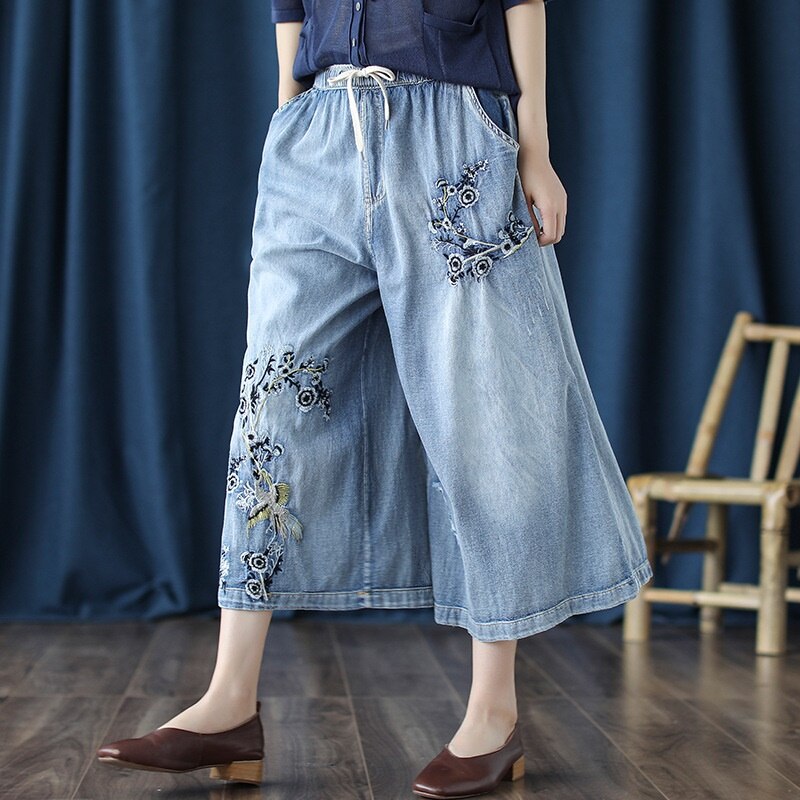 Chinese Style Women&#39;S Jeans Vintage Denim Chinese Trousers Womens Embroider Jeans Kung Fu Pants Ethnic Wide Leg Pants 10370