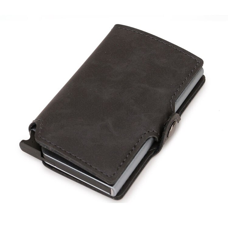 Casekey tyverisikring mænd tegnebog dobbelt aluminium læder kreditkort holder rfid metal tegnebog automatisk pop op pung id kortholder: Enkelt grå