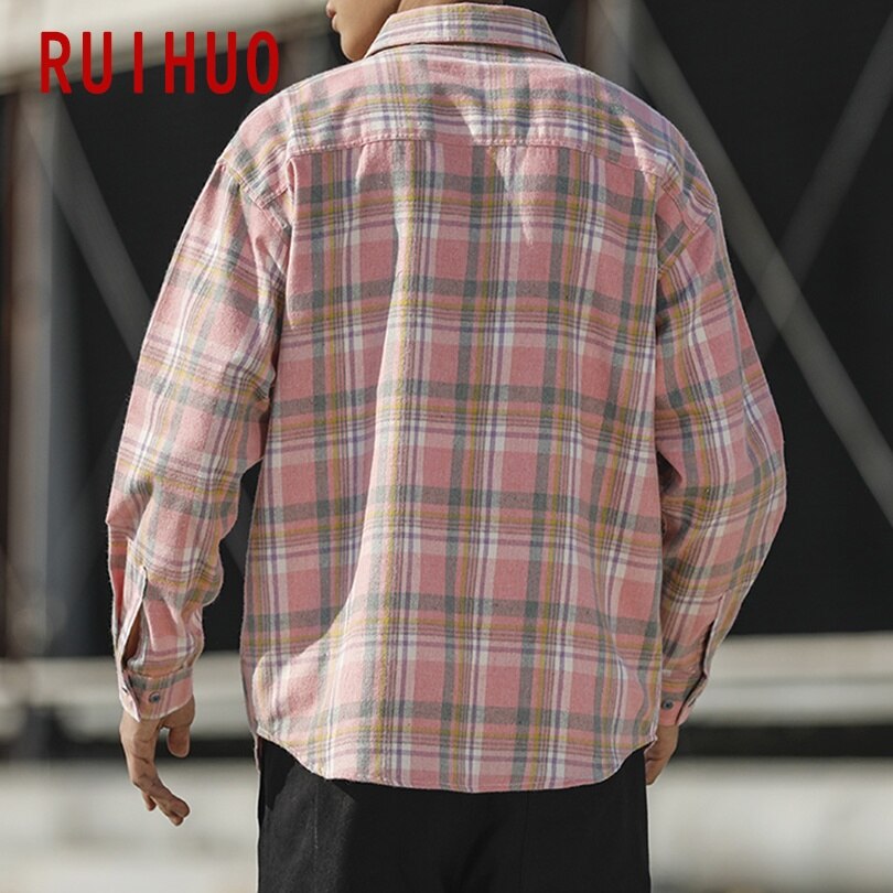 Ruihuo casual rosa rutig skjorta herr slim fit ull herr långärmade skjortor herr märke plus size m -5xl 2022 vår