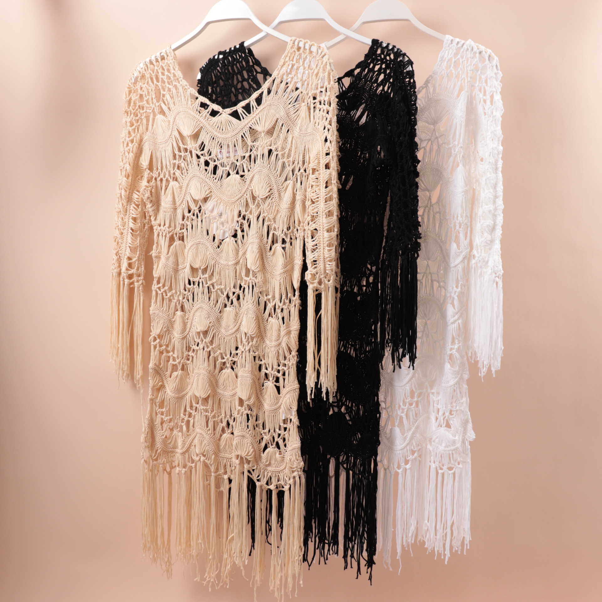 H80 & S90 Neue Frauen Häkeln Durchsichtig Bikini Cover Up Weibliche Handgemachte Stricken Sexy Aushöhlen Quaste Tunika Strand kleid Bademode