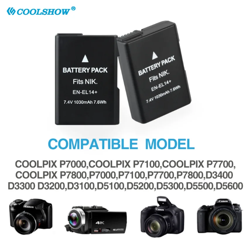 EN EL14 1030mAh Batteries EN-EL14 pour Nikon D5100 D5200 D5500 D5600 D5300 P7200 P7700 P7100 D3100 D3200 D3300 chargeur de batterie