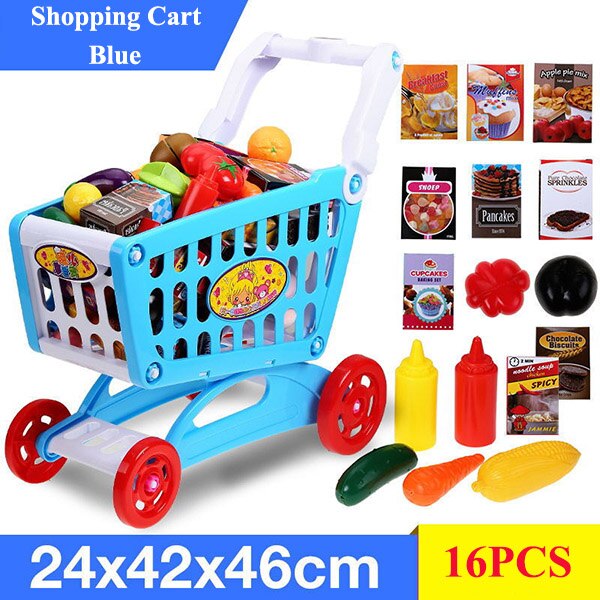 Baby Shining Winkelwagen Speelgoed 16 PCS Grote Winkelen Speelgoed Simulatie Kinderen Supermarkt Winkelen Speelgoed Groente Voedsel Speelgoed: blue
