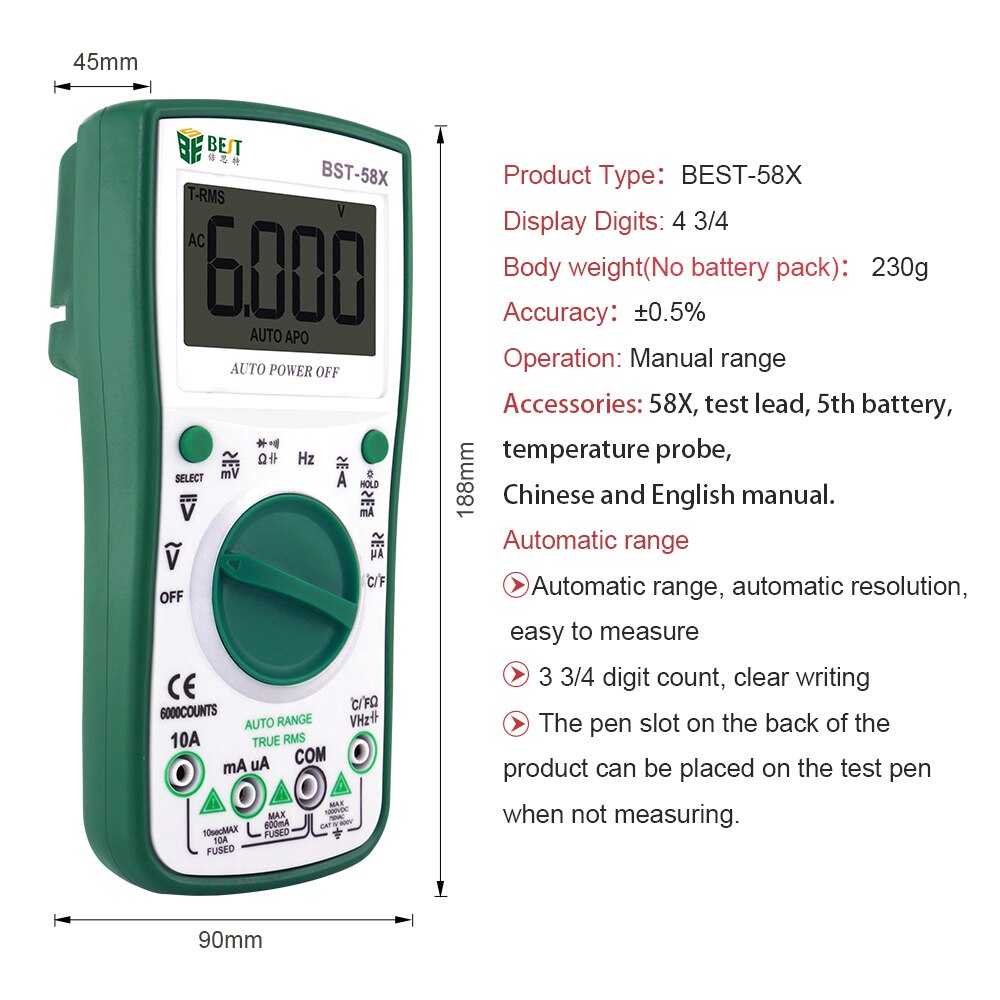 Migliore BST-58X gamma automatica multimetro digitale Ohm amperometro Tester Tester Tester 6000 conteggio AC/DC