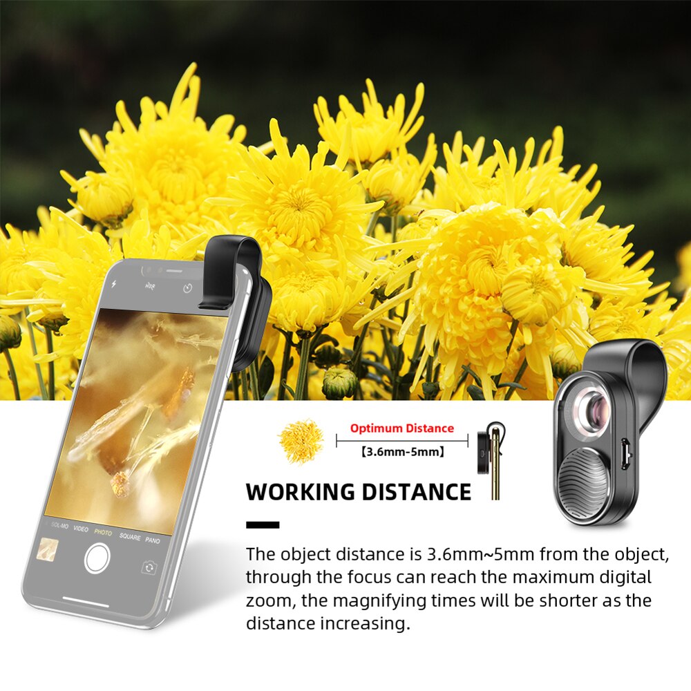 Apexel APL-MS001 mini portátil smartphone microscópio 100x ampliação embutido luz led com clipe universal