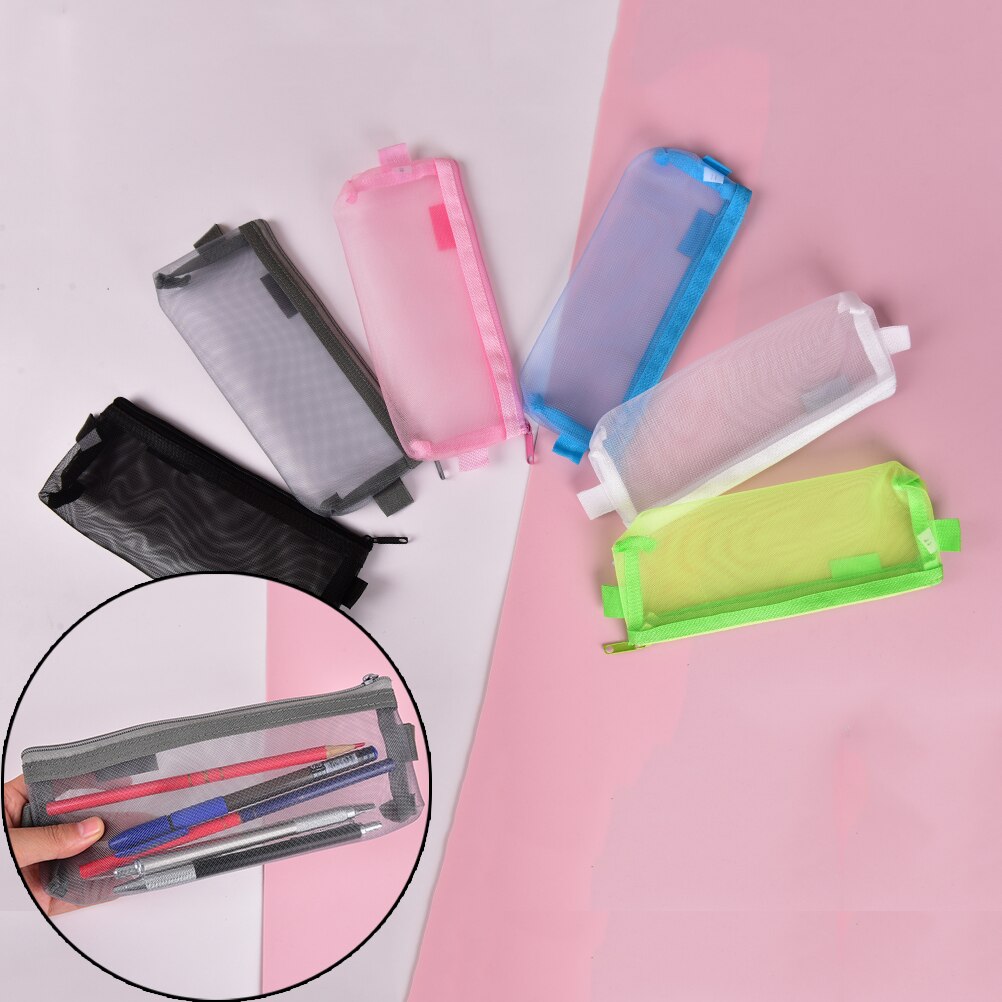 Net Yarn Transparent Pencil Case Lapices Bags Stationery Kit Students Zip File Bag School Supplies