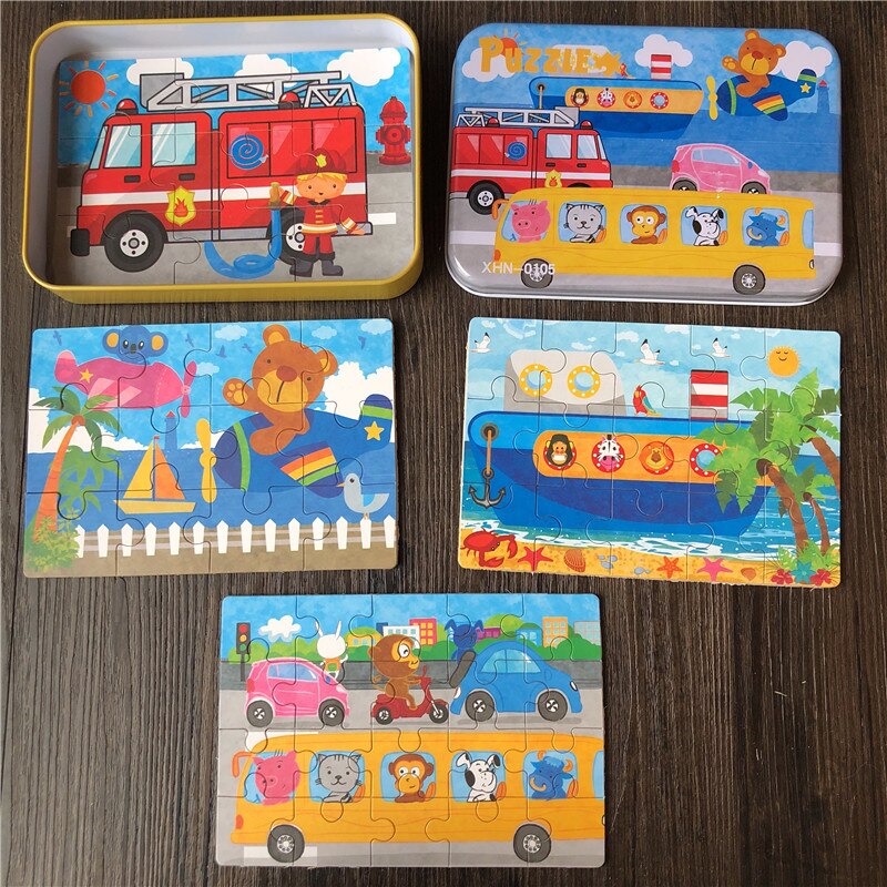 4 In 1 Puzzles 9/12/15/20Pcs Puzzles/Set With Iron Box Wooden Toys For Kids Educational Baby Toys Learning: Ship