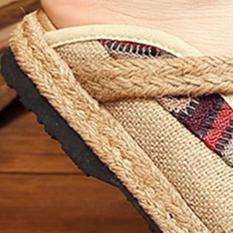Kvinnor skor tofflor färgglad nationell stil hampa väv vår sommar rund tå flip flop platt plattform loafer