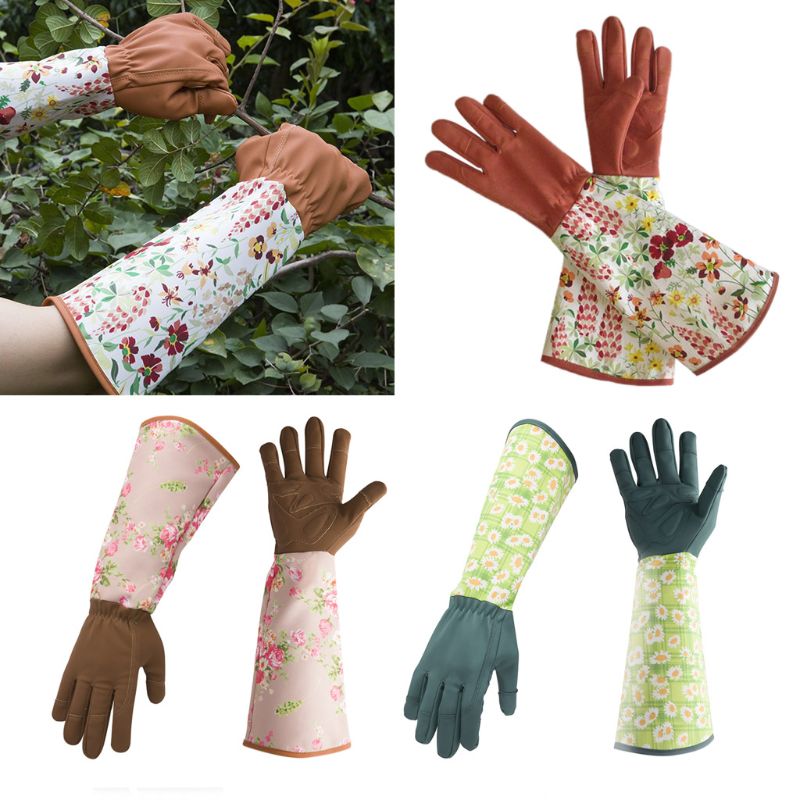 Langærmet læderhavehandsker punkteringsbestandig polstret håndflade forstærket fingerspidser beskæring af blomsterhandskedæksel