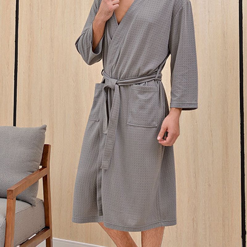 Unisex plus size løs badekåbe vaffelvævet sommer tynd kimono natkjole åben front bælte quick dry lounge nattøj
