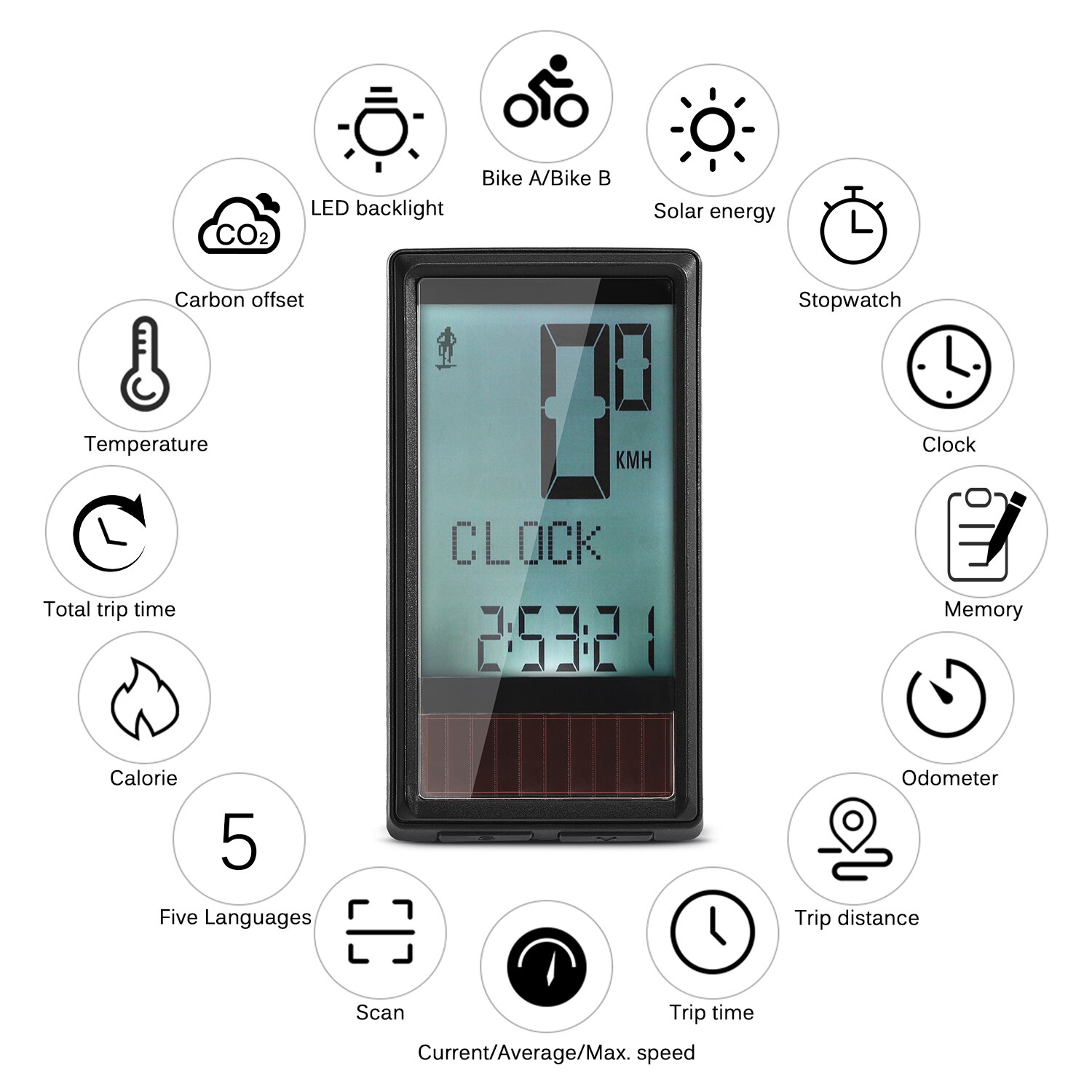 Solar Energy Bike Computer Multi Language Wireless Cycling Computer Bicycle Speedometer Odometer Large Screen Cycle Computer