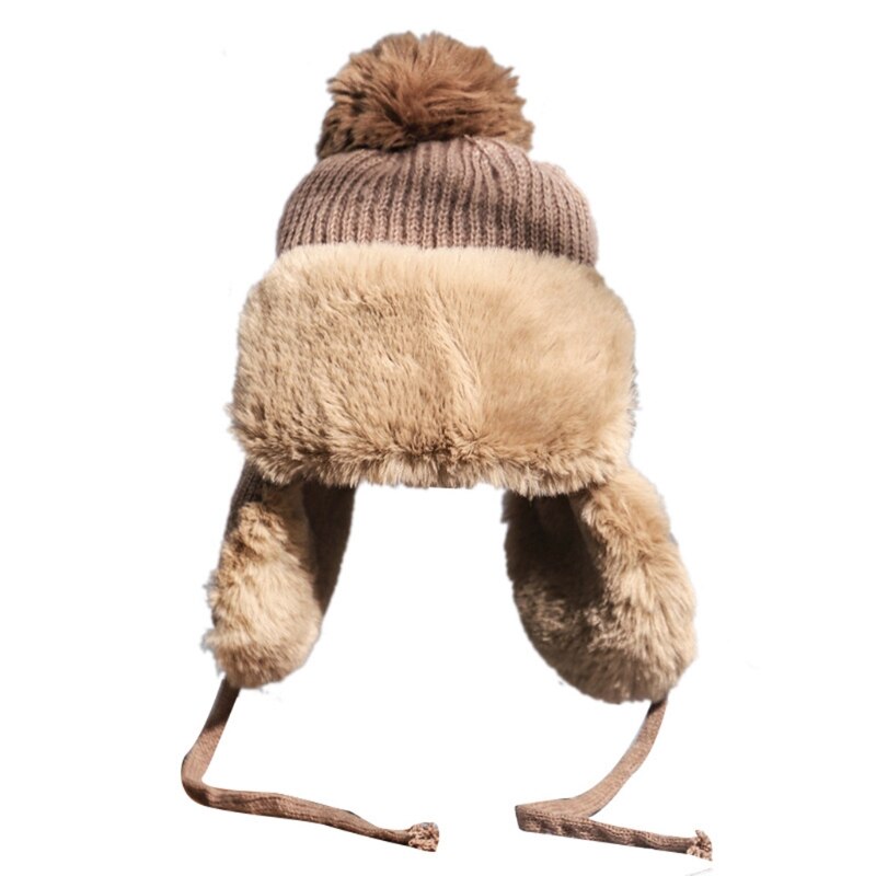 Kvinner vinterstrikk pom pom fangstmann lue tykk fluffy plysj termisk varm snø ski vindtett ensfarget lue øreklaff lokk: kaki