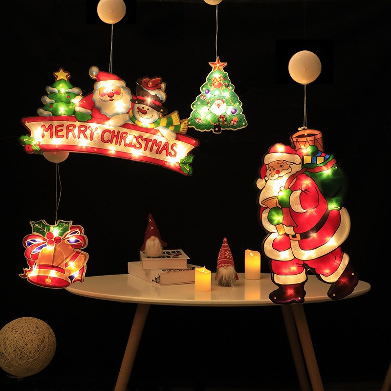 Kerstkamer glazen raam versierd met sterrenverlichting, lamp met zuignap, gekleurde lamp, hanglamp, kerstman sfeerdecoratie