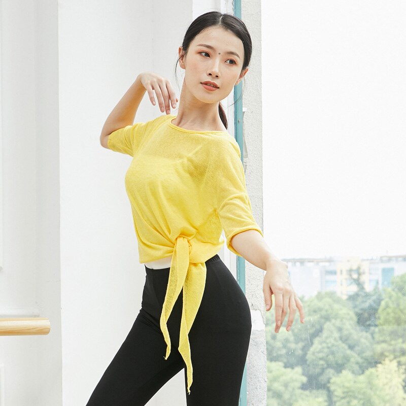 Top de Ballet Latino para danza del vientre, blusa transparente, disfraz para mujer, Ropa de baile de vientre, ropa de bailarina: yellow short