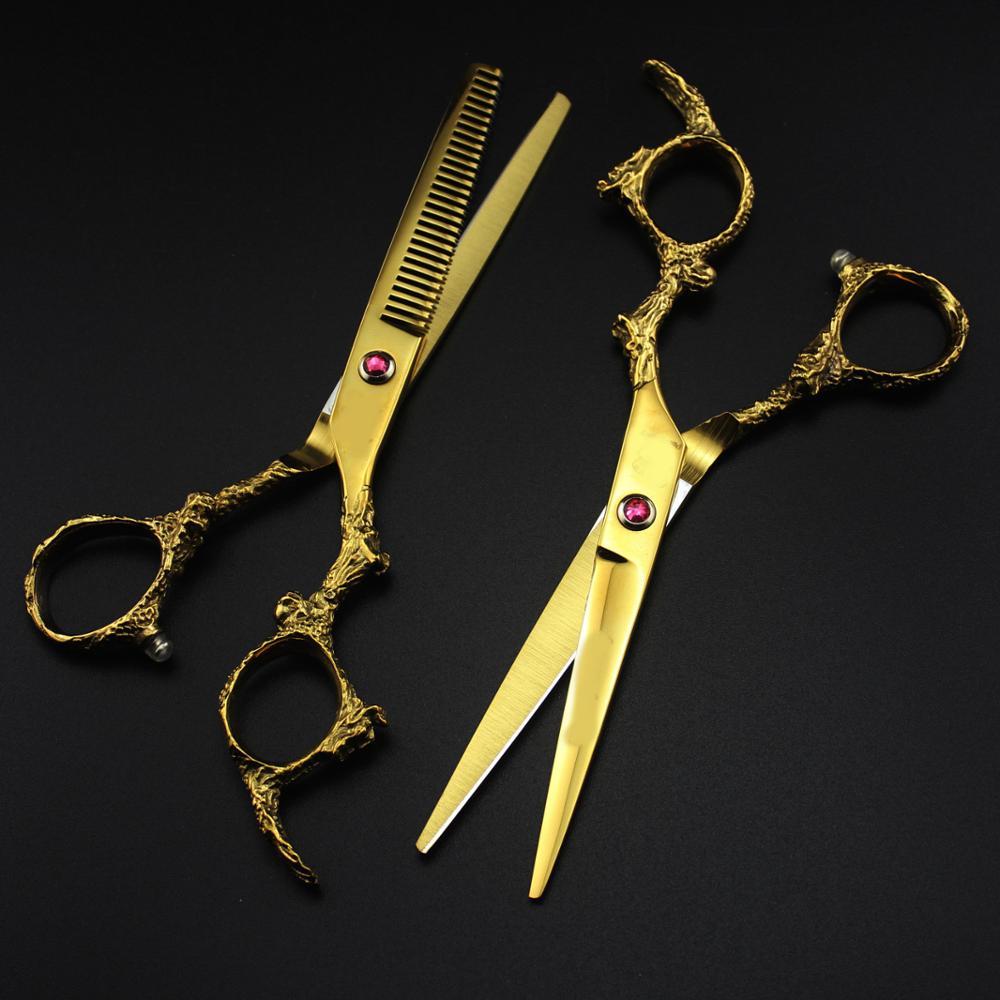 6 "Master Series Gouden Kleur Haar Schaar Set Haar Knippen Schaar En Dunner Schaar Draak Handvat Decoratie Kapper Scharen