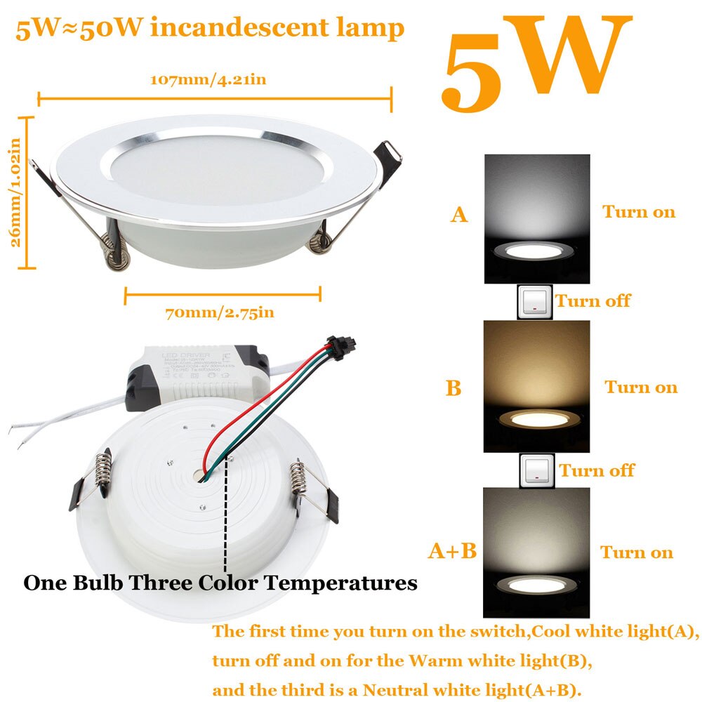 LED Downlight 3W 5W 7W 9W 12W 15W 18W empotrable redondo lámpara 85-265V Cool + neutro + Led blanco cálido bombilla de Interior llevó la iluminación del punto: 5W