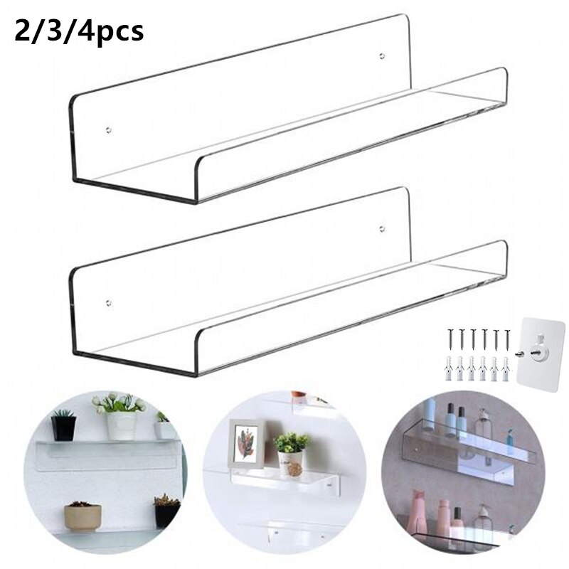 Estante de acrílico transparente para almacenamiento de libros, repisa flotante de pared, organizadores de cosméticos, para oficina y hogar, 2/3/4 unidades