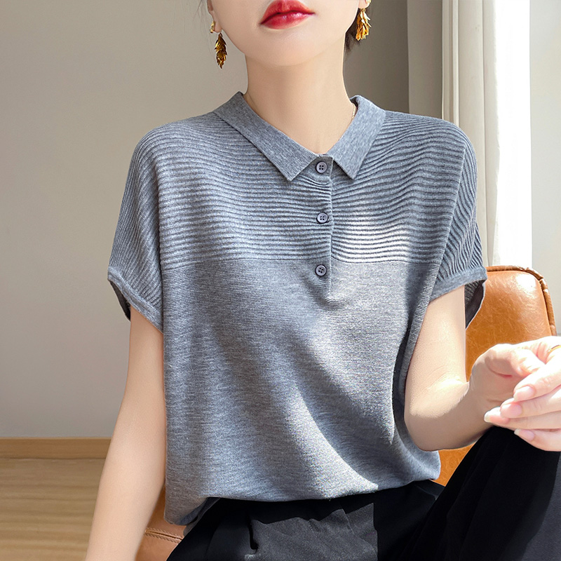 Dames T-Shirt Zomer Kammen Gebreide T-Shirts Casual Effen Trui Polokraag Blouse Met Korte Mouwen Dames Kleding Losse Tops