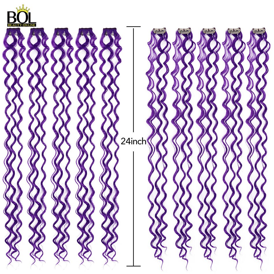 Synthetische Hair Extensions 24Inch Kinky Krullend Gekleurde Highlight 10 Stuks/set Clip In Een Stuk Regenboog Streak Paars Haar Strengen