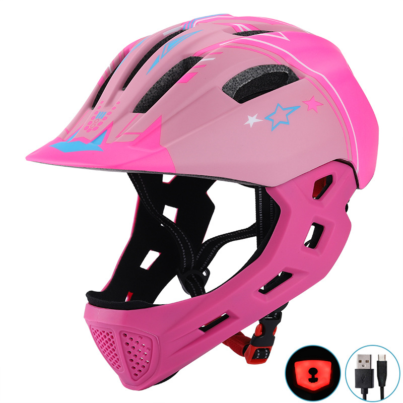 Kinder Volle Gesicht Helm Mit Rote LED Licht Kinder Fahrrad Helm Kind Helm Radfahren MTB Fahrrad Skateboard Roller Skating Helm: Pink