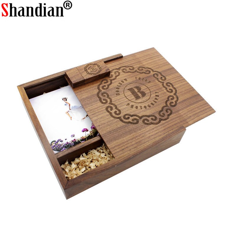 Shandian 1 stuks gratis logo walnoot foto uniek album hout usb + doos geheugenstick pendrive 8gb fotografie trouwstudio 170*170*35mm
