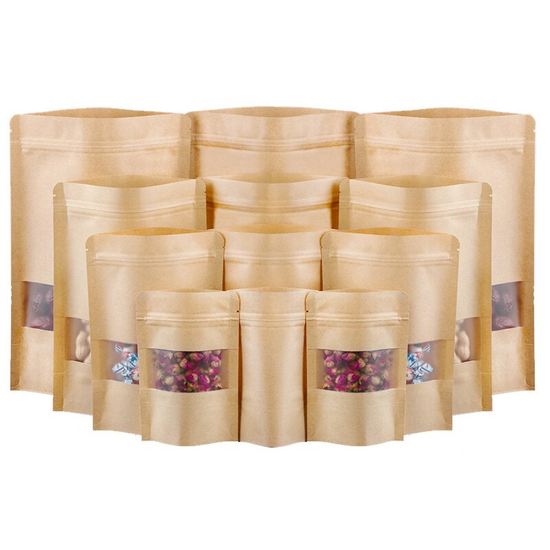 100 Pcs Thickened Front Transparent Kraft Paper Bag Nut Tea Self-standting Ziplock Package Bag Food Packaging Pouches: S