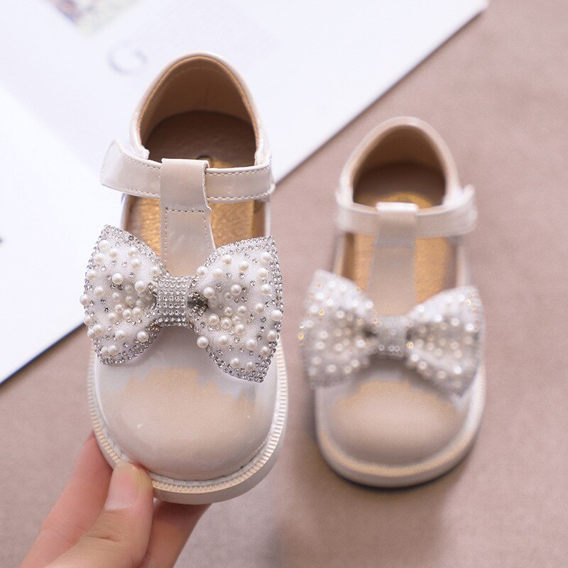 Girls' Small PU Leather Shoes Spring Autumn Baby Children's Pearl Rhinestone Soft Sole Little Girl Single Shoes Princess Shoes