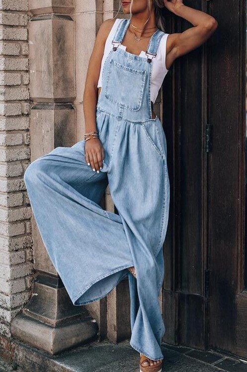 Teelynn 2XL Denim Overalls Voor Vrouwen Vintage Boho Wijde Pijpen Jumpsuit Casual Baggy Jeans Losse Oversized Katoenen Zomer Jumpsuits: Blue / S