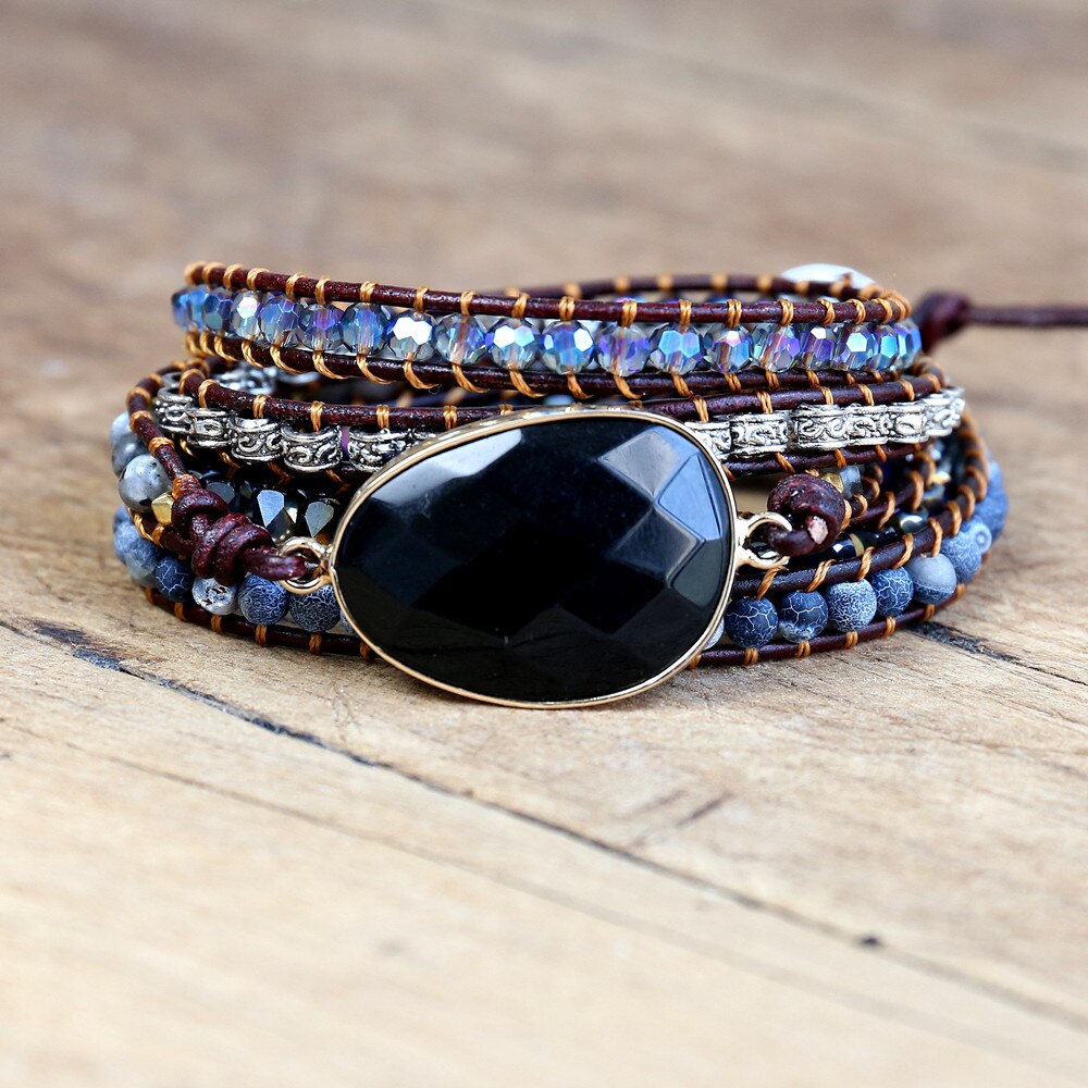 Handgemaakte Sieraden Leren Armband Zwarte Onyx Mix 5 Strengen Geweven Wrap Armband Vrouwen Kralen Bohemen Bedelarmband