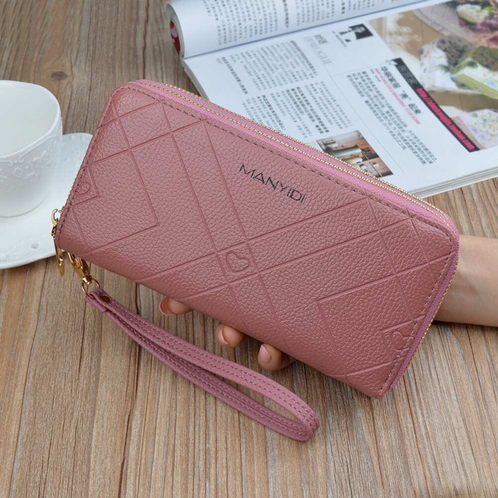 Femmes grande capacité portefeuille en cuir pochette Double fermetures à glissière bracelet porte-cartes de sac à main téléphone poche longue sac à main dames Carteras: 6