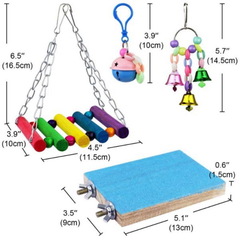 8Pcs Bird Toys Pet Parrot Chew Toys Wooden Swing Bell Hanging Toy Stand Budgie Parakeet Bird Cage Home Decoration CWJWJ90a-1