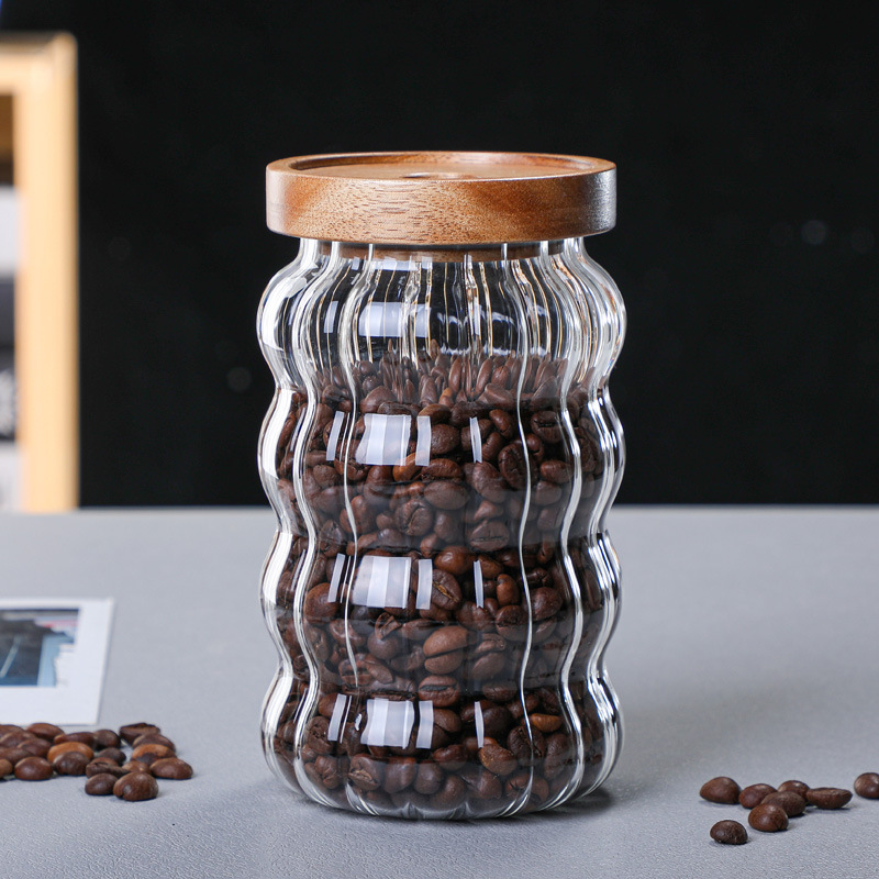 Tarro de almacenamiento de Vidrio Curvo , botella sellada, tarro de caramelo de grano de café con tapa de madera, contenedor de vidrio artesanal para decoración del hogar