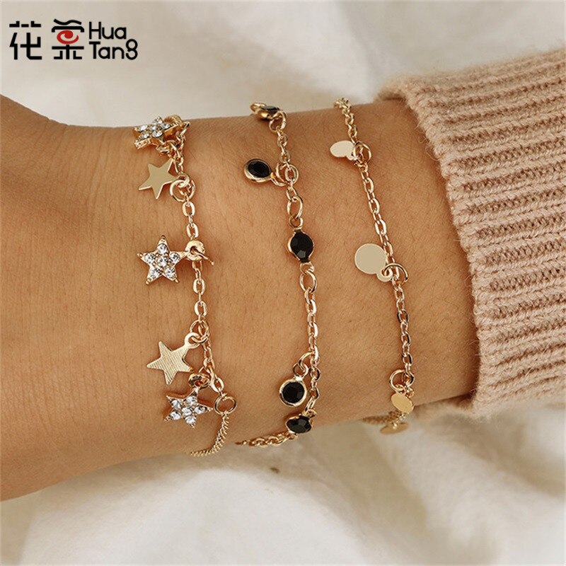 HuaTang Boho Multilayer Crystal Star Pendant Chains Bracelet Set Multilayer Sequin Female Cuff Bangle Beach Jewelry 3996