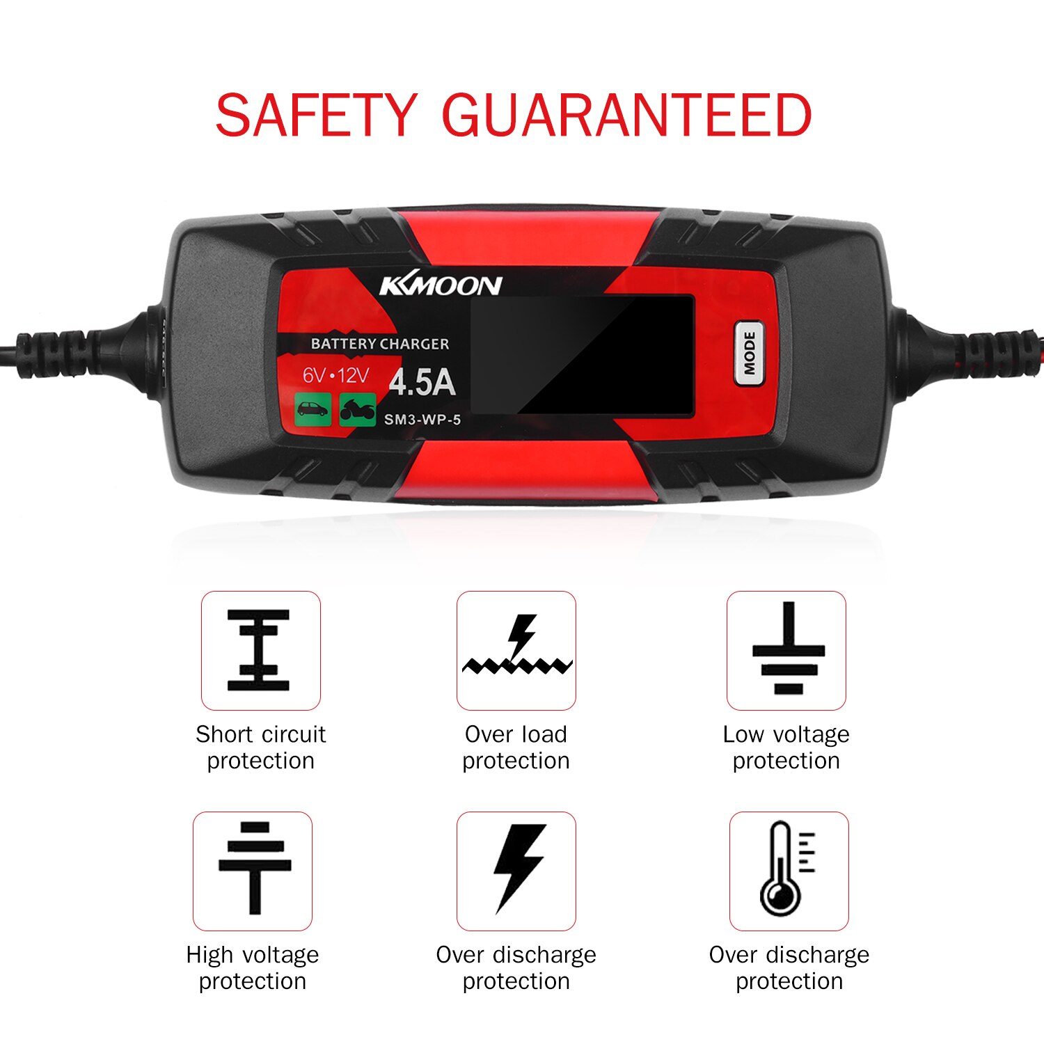 KKmoon Car Battery Charger & Maintainer 6V/12V 4.5A Intelligent Automatic Battery Charger Pulse Repair for Cars Motorcycles Boat