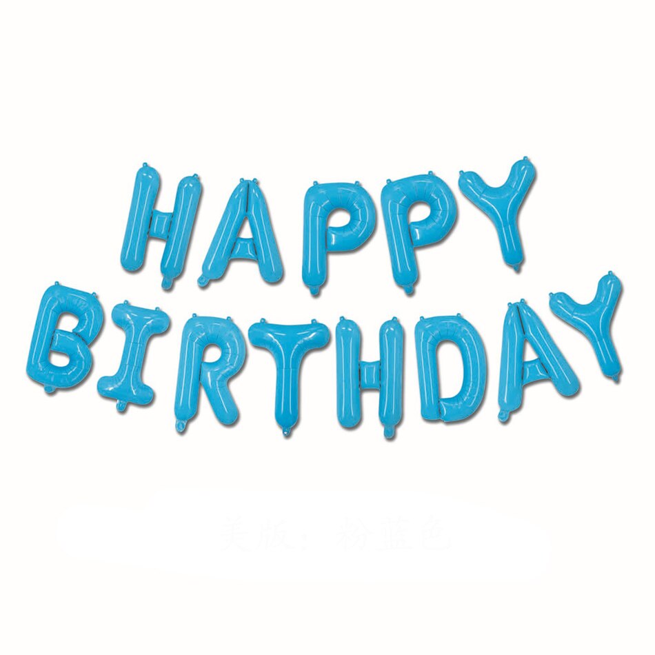 Ballon en aluminium avec corps fin anglais lettre joyeux anniversaire | 10 pièces, 16 pouces, paille et ruban: Bleu ciel