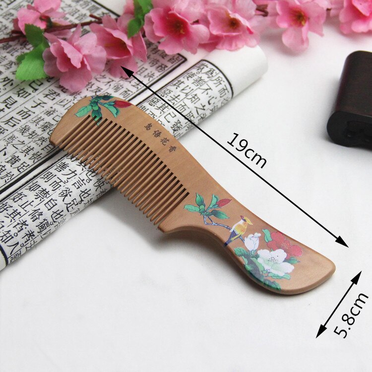 1Pcs Peach Wood Comb Flower Painted Anti-Static Natural Head Massage Comb Handmade Wooden Hair Comb Hair Styling Tools For: NO.4