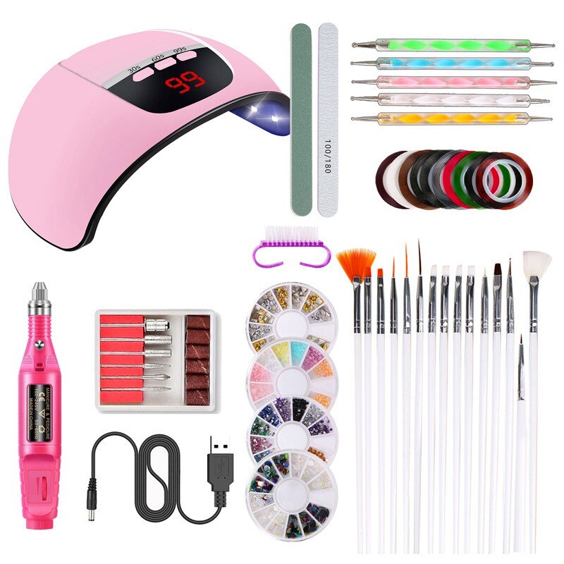 40 stuks nagelset uv led lamp droger met manicure pen gellak strass steentjes kit gereedschapsset elektrische machine boor nagelkunst gereedschap: 15 roze