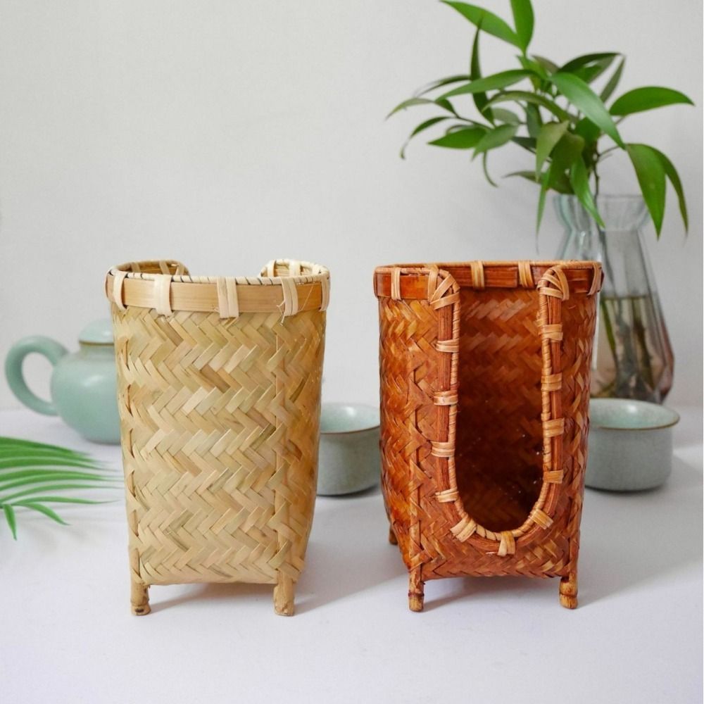 Portavasos tejido de bambú, cesta de almacenamiento de tazas de té Retro hecha a mano, dispensador de vasos de papel de estilo japonés que ahorra espacio para Baño
