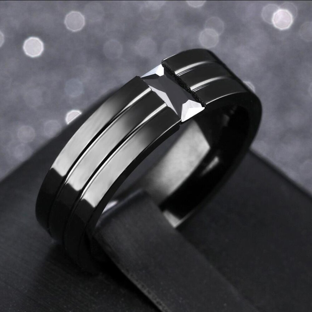 Tension Setting Square Zircon Rings for Men Women Black Color Stainless Steel Ring for Parties